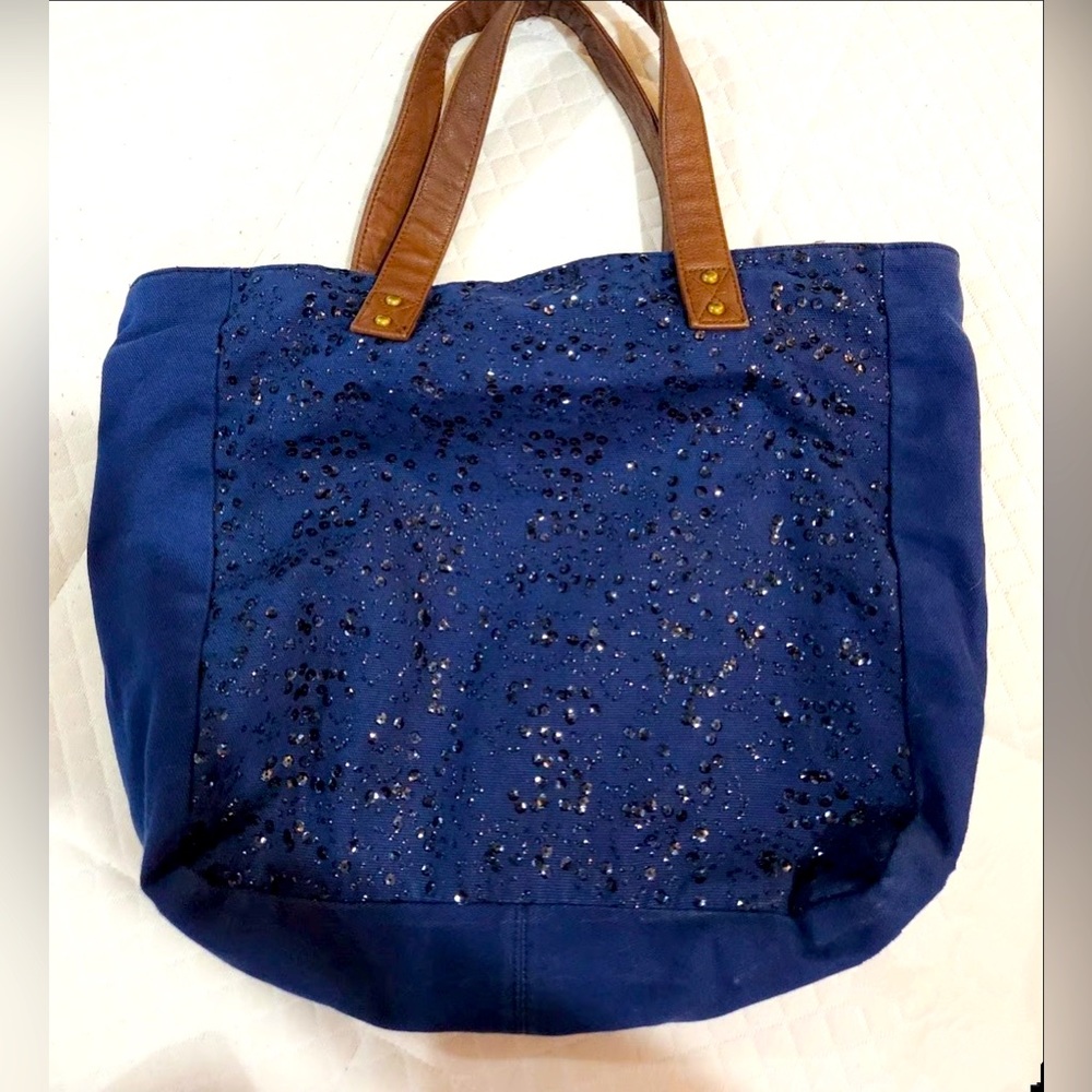 ❤️3/$20 Merona blue sequin sparkle canvas tote bag new